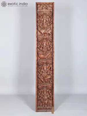 Wood Carved Wall Panel: 72" Large Depicting Multiple Ganesha Forms