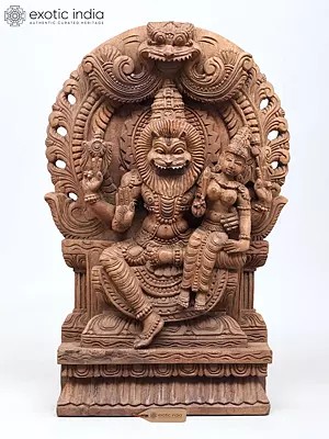 Lord Narasimha & Lakshmi Wood Sculpture on Kirtimukha Throne | 18" Carving | Display Versatility