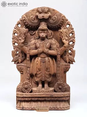 Lord Hanuman Wood Carving: 18" Four Armed Statue in Namaskar Mudra