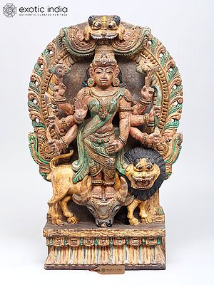 24" Blessing Goddess Durga Standing on Bull | Wood Carved Idol