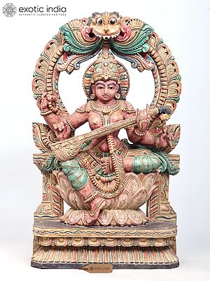 30" Large Devi Maa Saraswati Statue Seated on Kirtimukha Throne | Wood Carving