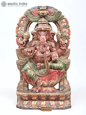 18" Four Armed Lord Ganesha Seated on Lotus Wood Carved Statue