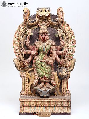 Wood Carved Statue: 24" Eight Armed Goddess Durga Standing on Bull