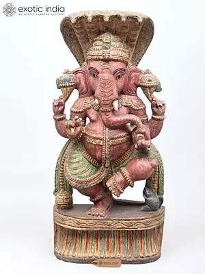 24" Dancing Lord Ganesha with Five Hooded Serpent - Wood Carved Statue