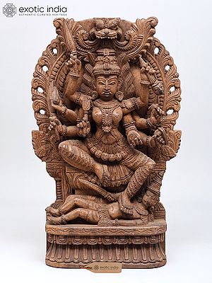24" Eight-Armed Goddess Kali Seated on Kirtimukha Throne - Wood Carving