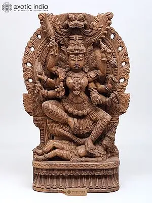 24" Eight-Armed Goddess Kali Seated on Kirtimukha Throne - Wood Carving
