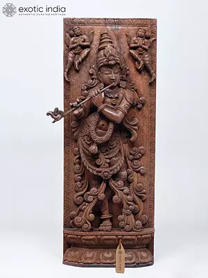 36" Large Fluting Lord Krishna Wood Carving Statue | Standing & Wall Hanging