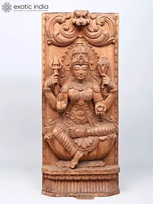 41" Large Blessing Goddess Mariamman Seated on Lotus | Wood Carved Statue | Standing and Wall Hanging Both