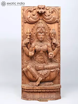 41" Blessing Goddess Mariamman Seated on Lotus | Detailed Wood Carved Statue | Wall Hanging & Standing