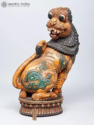 24" Temple Guardian Yali Lion | Wood Carved Statue