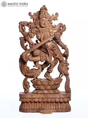48'' Large Dancing Goddess Saraswati Playing Veena | Wood Carved Statue