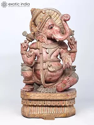Large Wooden Ganesha Statue: Side Face, 34" Height, Upraised Trunk