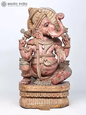 Large Wooden Ganesha Statue: Side Face, 34" Height, Upraised Trunk