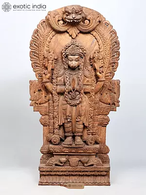 36" Large Four Armed Standing Lord Hanuman Wood Carving on Kirtimukha Throne