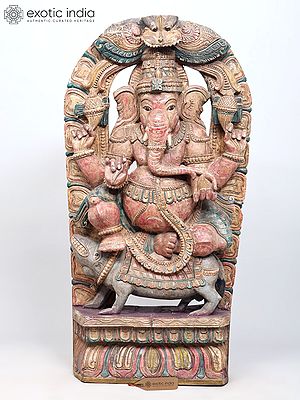 36" Large Lord Ganesha Seated on Mushak Wood Carving | Standing and Wall Hanging