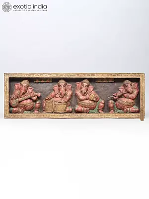 36" Large Musical Ganesha Wood Wall Panel Carving