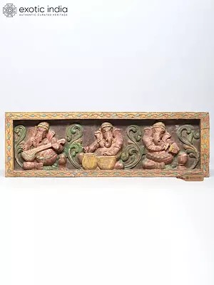 Large Musical Ganesha Wall Panel - Wood Carving