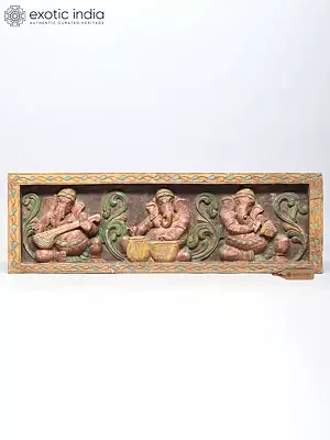 Large Musical Ganesha Wall Panel - Wood Carving
