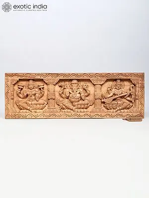 36" Large Trio of Lakshmi Ganesha Saraswati Wood Carved Wall Hanging Panel