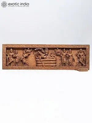 34" Large Padmanabha Swamy (Shesh-Shayi Lord Vishnu) Wood Carved Wall Hanging Panel