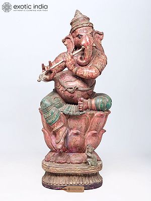 36" Large Fluting Lord Ganesha Wood Carved Statue