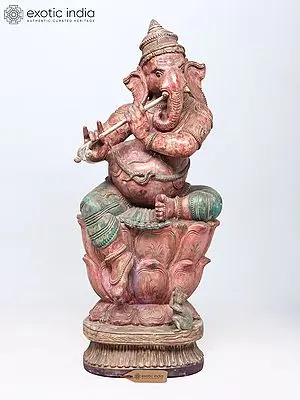 36" Large Fluting Lord Ganesha Wood Carved Statue