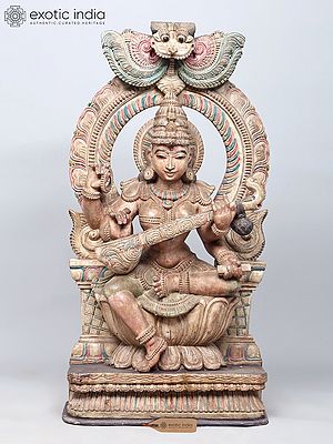 Large Four Armed Goddess Saraswati Seated on Kirtimukha Throne | Wood Carved Statue