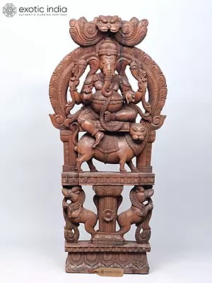 46" Large Lord Ganesha Seated on Lion with Yali Wood Carved Statue