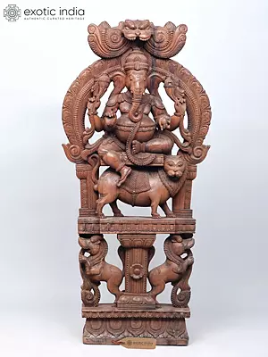 46" Large Lord Ganesha Seated on Lion with Yali Wood Carved Statue
