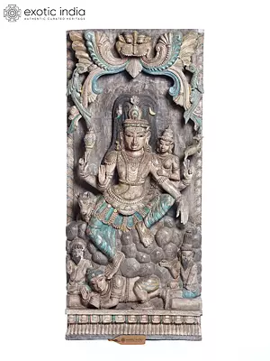 Lord Shiva & Parvati: 48" Pashupatinath Wood Carving