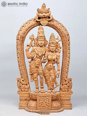 Shiva-Parvati Wood Sculpture: Graceful Standing Pose with Ornate Kirtimukha Arch