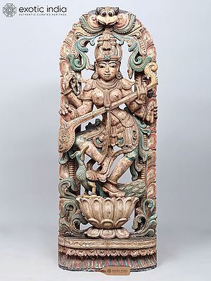 48" Large Dancing Goddess Saraswati | Wood Carved Statue
