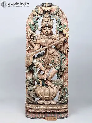 48" Large Dancing Goddess Saraswati | Wood Carved Statue