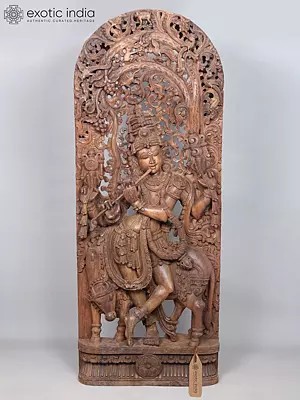 Majestic Wood Carving: 84" Venugopal Krishna with Cow