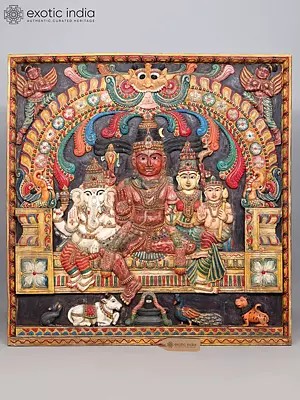 52" Large Colorful Shiva Family Panel with Kirtimukha Prabhavali | Wood Carving | Wall Hanging