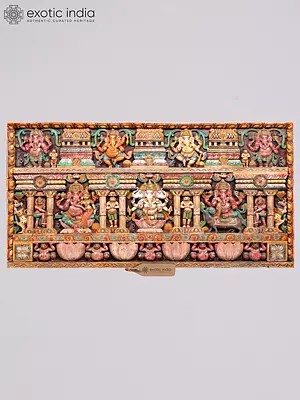72" Large Lord Ganesha in Different Forms | Wood Carved Wall Panel