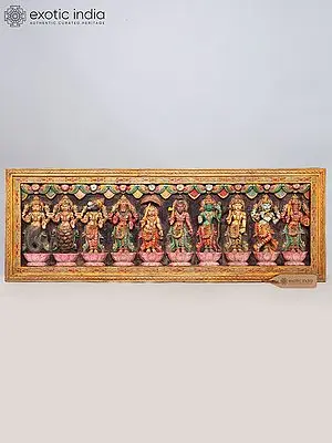 75" Large Colorful Dashavatara of Lord Vishnu Wood Carved Wall Hanging Panel