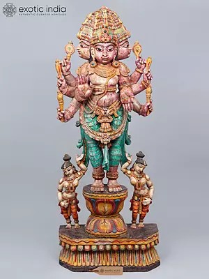 60" Large Three Headed Lord Vishwakarma | Wood Carved Statue