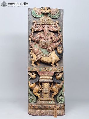 48" Large Three Headed Lord Ganesha Seated on Lion with Yali | Wood Carved Statue | Standing and Wall Hanging Both