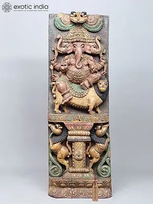 Carved Wood Ganesha Sculpture: 48" Three Heads Seated on Lion with Yali | Versatile Display