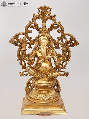 13" Majestic Seated Lord Ganesha with Ornate Prabhavali - Brass Statue