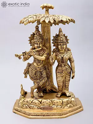 Brass Radha Krishna Statue Standing Under a Tree | 13 Inches