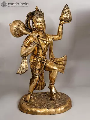Large Brass Lord Hanuman Figure with Sanjivani Mountain