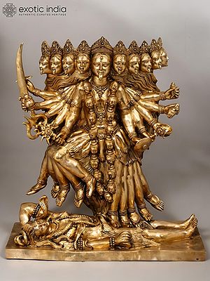 Large 46" Brass Statue: Fierce Mahakali with Multiple Heads and Arms on Lord Shiva