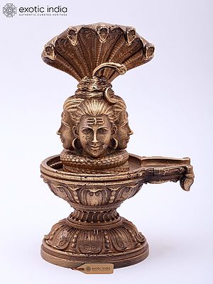 Bronze Four Faced Shivalinga Sculpture with Serpent Hood, 5-Inch
