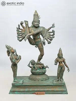 Lord Shiva's Tandava with Devi Parvati and Son Karttikeya - Panchaloha Bronze Sculpture