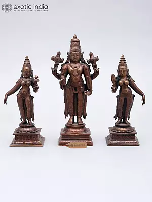 Lord Vishnu with Bhudevi & Sridevi - 6'' Copper Idol Set