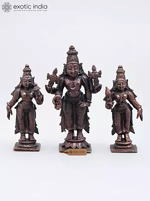 3" Set of Vishnu with Sridevi and Bhudevi Copper Idols
