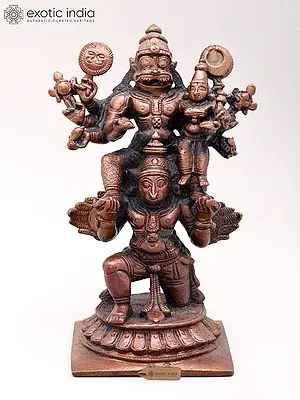 4'' Small Lord Narasimha with Devi Lakshmi Seated on Garuda Copper Statue