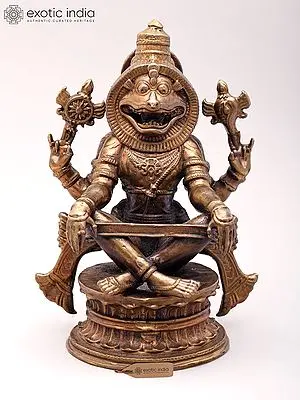 Small Yoga Narasimha Sculpture - Vishnu's Avatara in Brass and Copper